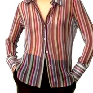 New Zara Multi-colored Stripped Button-down Semi-sheer Blouse XL NWT Brown Tan